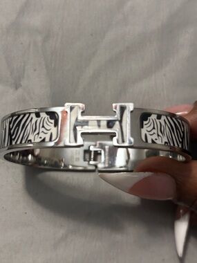 Hermes Silver Zebra-Print H Clic Bangle Bracelet